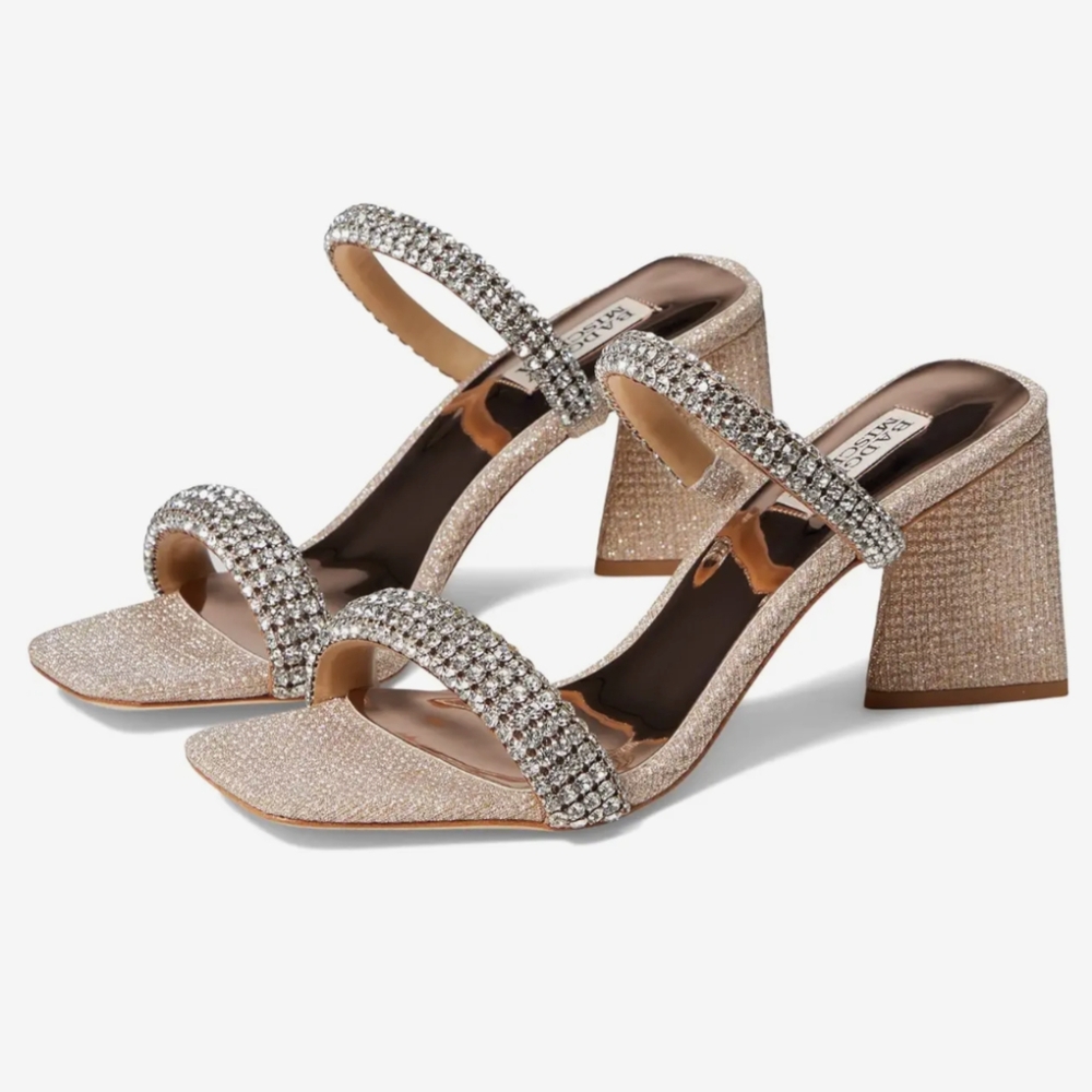 Badgley Mischka 7 Frankie Bridal Heel Prom rhinestone gold glitter square strap